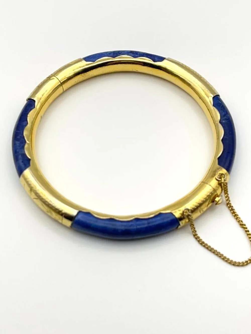 Vintage Blue Stone Gold Tone Hinged Bangle Bracelet